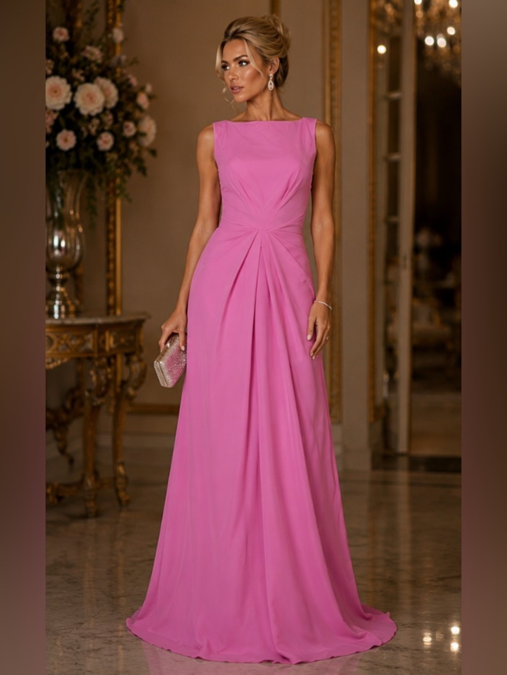 Kay Unger Pink Romantic Classy Summer High Fashion Sleeveless Maxi Gown
